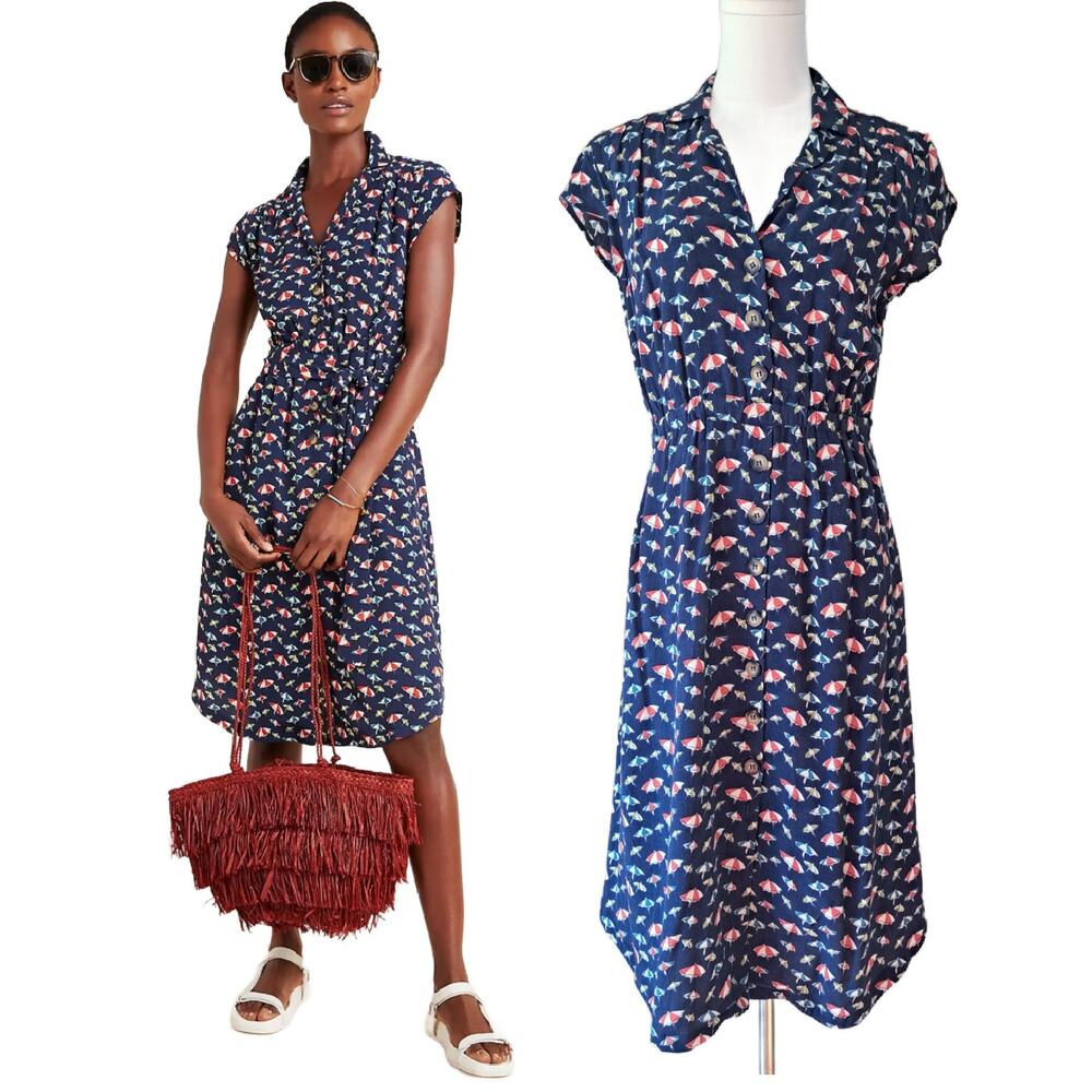 Anthropologie Maeve Catherine Shirtdress Navy Beach Umbrella Print Midi Size 6